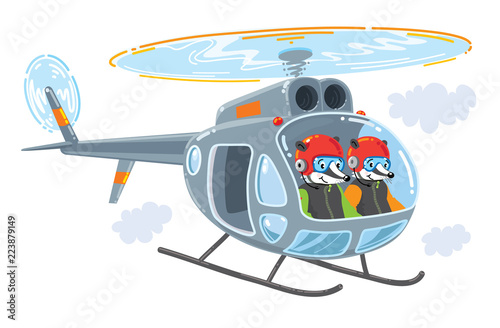 Helicopter with two funny badgers illustration