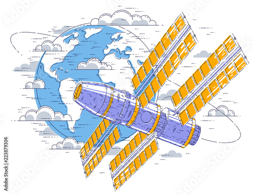 Space station flying orbital spaceflight around earth, spacecraft spaceship iss with solar panels, artificial satellite. Thin line 3d vector illustration.