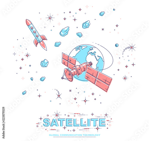 Communication satellite flying orbital spaceflight around earth, spacecraft space station with solar panels and satellite antenna plate, with rockets, stars and other elements. Vector.
