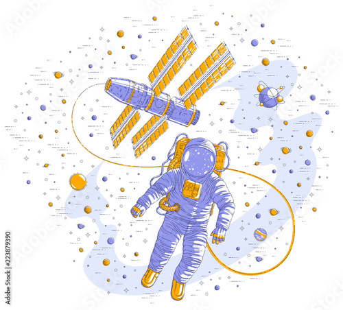 Astronaut flying in open space connected to space station, spaceman floating in weightlessness and iss spacecraft surrounded by undiscovered planets and stars. Vector illustration isolated.