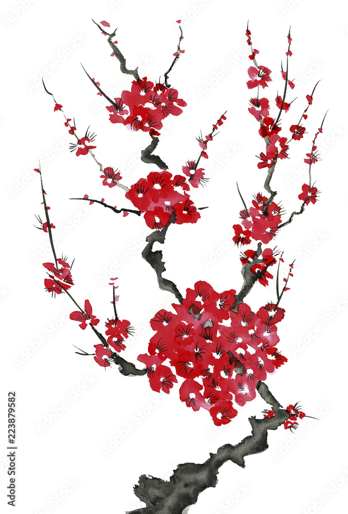 Obraz premium A branch of a blossoming tree. Pink and red stylized flowers of plum mei, wild apricots and sakura . Watercolor and ink illustration in style sumi-e, u-sin. Oriental traditional painting.
