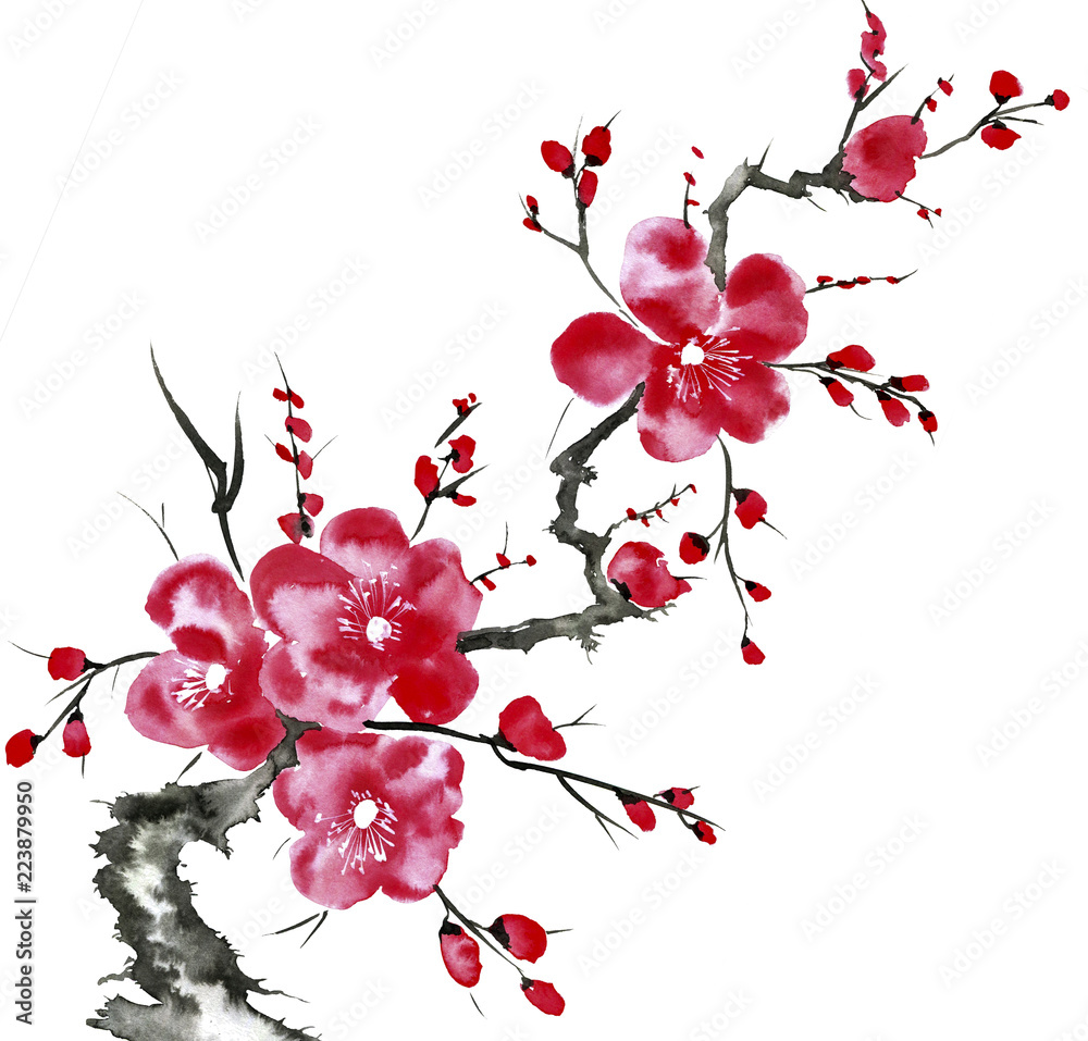 Fototapeta premium A branch of a blossoming tree. Pink and red stylized flowers of plum mei, wild apricots and sakura . Watercolor and ink illustration in style sumi-e, u-sin. Oriental traditional painting.