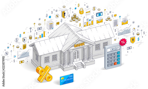 Credit concept, bank building with calculator and percent symbol isolated on white background, banking theme. 3d vector business isometric illustration with icons, stats charts and design elements.