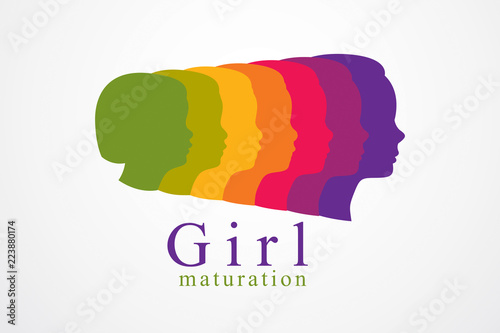 Girl growing to adult age years concept illustration, from child to teen and woman, period and cycle of life, getting old, maturation and aging. Vector simple classic icon or logo design.