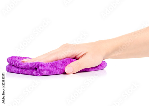 Microfiber purple textile in hand on white background isolation