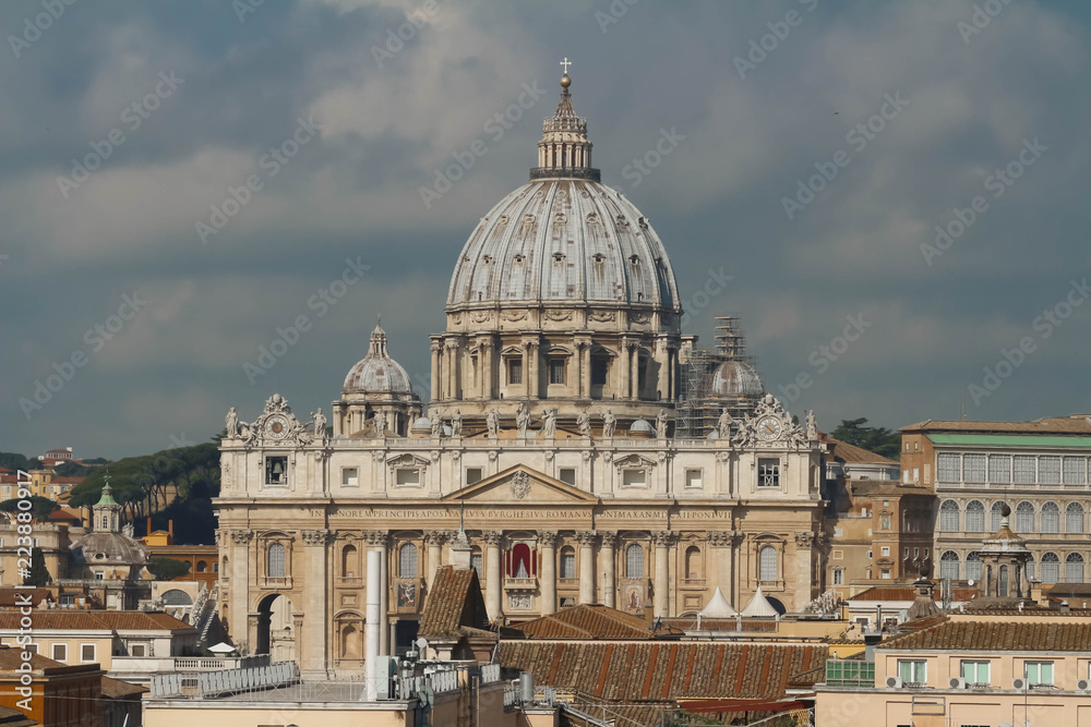 Panoramic cityscape of Rome with Saint Peter s Basilica , Rome, Italy.