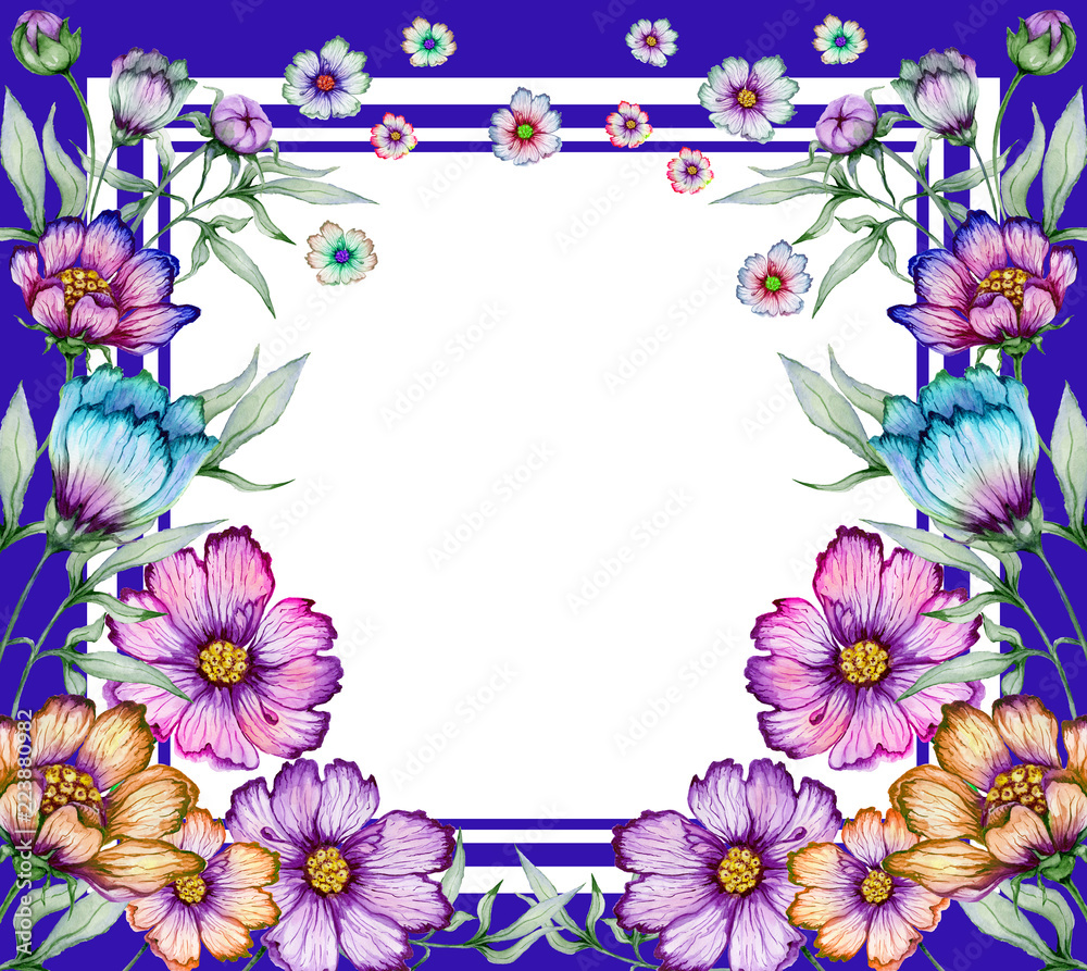 Beautiful floral border. Colorful cosmos flowers with green leaves on white background. Square blue frame with space for a text. Watercolor painting.