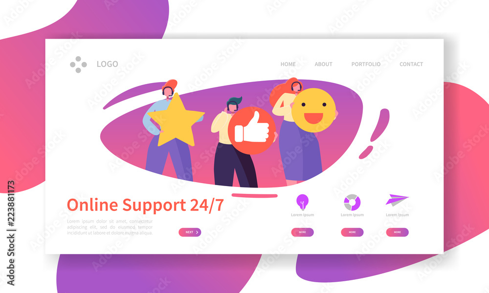 Online Technical Support Landing Page Template. Assistance Service Website Layout with Flat People Characters Hotline Operator. Easy to Edit and Customize Mobile Web Site. Vector illustration