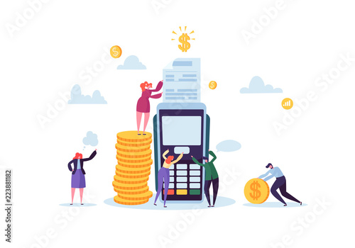 Credit Card Payment by Terminal Concept with Flat People. Financial Transaction with Characters and Money. Vector illustration