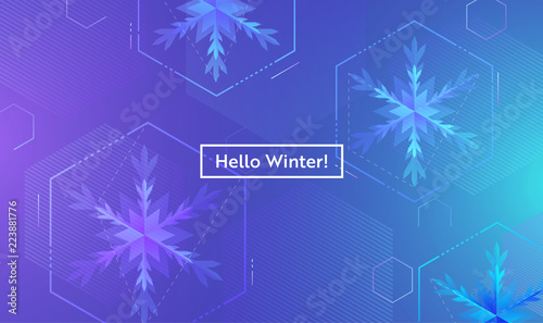 Hello Winter Layout with Snowflakes for Web, Landing Page, Banner, Poster, Website Template. Snow Christmas Seasonal Background for Mobile App, Social Media. Vector illustration