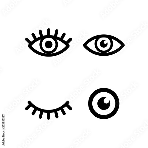 Set of different eye with pupil and eyelashes signs, simple black icons isolated on white
