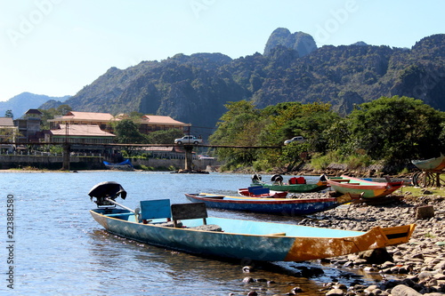 Vang Vieng, Laos - January 1, 2016 : Song River, Popular with tourists who come to Vang Vieng