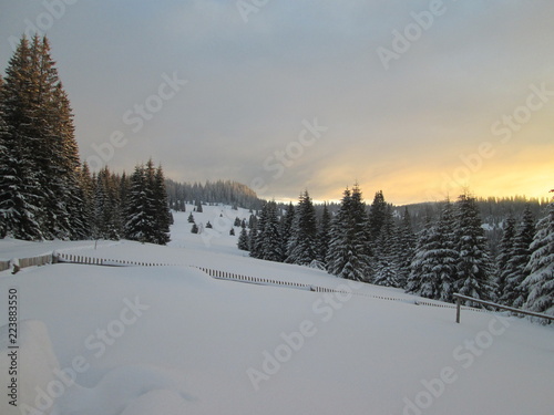 Sunrise in the mountains in winter