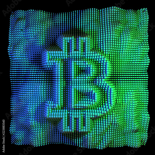 Abstract colorful bitcoin 3d render, green, blue