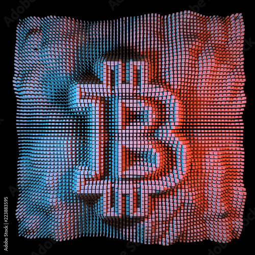Abstract colorful bitcoin 3d render, red, blue