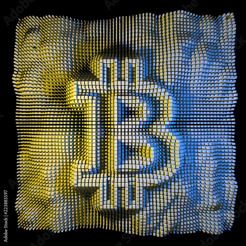 Abstract colorful bitcoin 3d render, yellow, blue