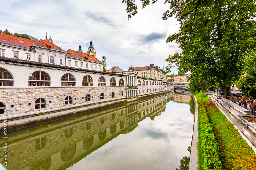 View of river in Ljubljana city. River in city centre, old architecture and historical building in Slovenia capital