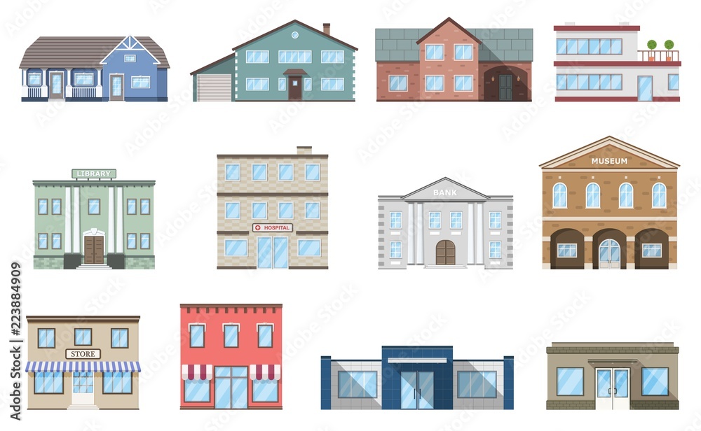 Buildings set. Residential cottages, store, mall, ship, museum, hospital, library, bank building isolated on white background. Urban public, retail business and living buildings. Vector illustration.