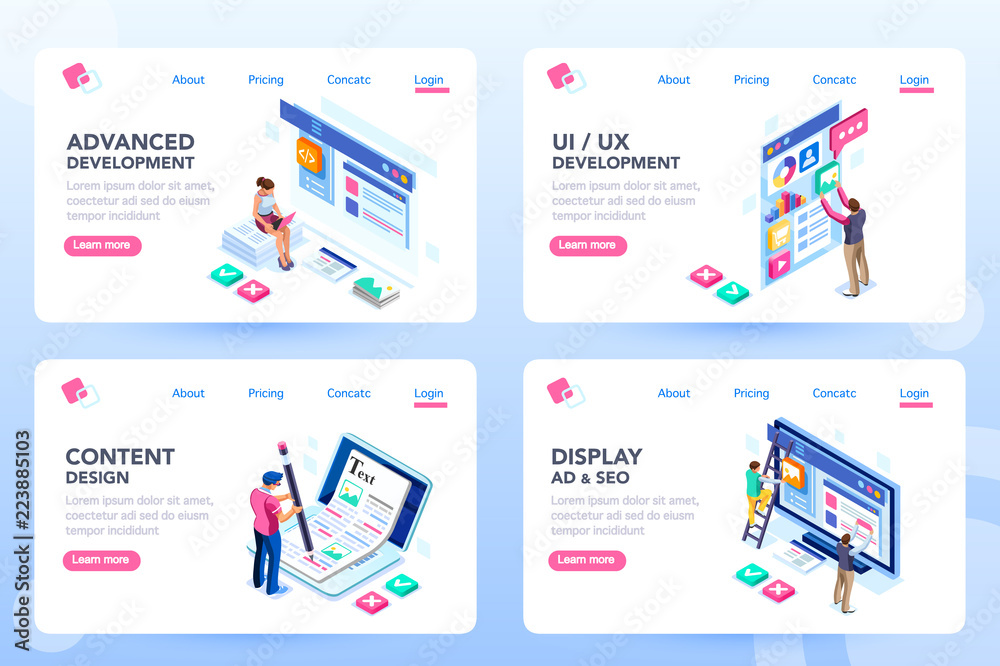 Develop, web development, process concept, webdesign advertising, engine for software content. Visual front infographic of program optimization concept. Characters flat isometric vector illustration.
