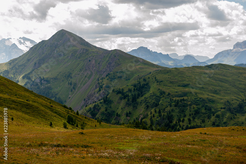 Impression of the Passo di Giau, in landscape orientation, on a summer afternoon.