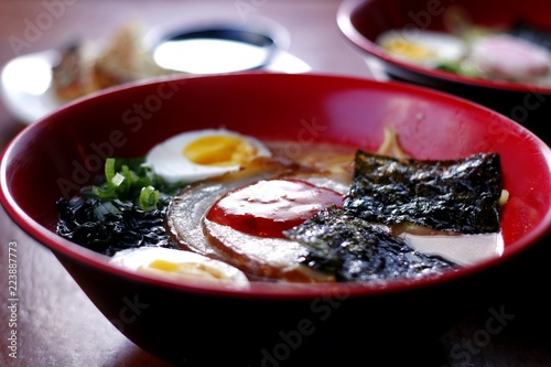 Bowl of freshly cooked pork Tan Tan Men Ramen noodles soup
