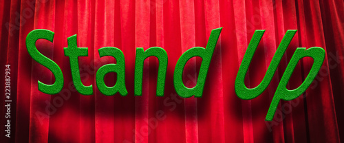 Red curtain with a graphic inscription in English of 