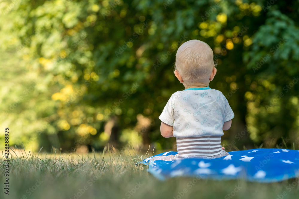 Süßes Baby sitzt auf einer Decke in einem Park und blickt zum Wald
