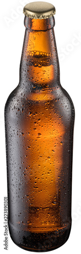 Bottle of cold beer with condensate water drops on it.