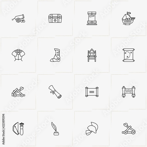 Middle Ages line icon set with dower chest, cannon  and guillotine
