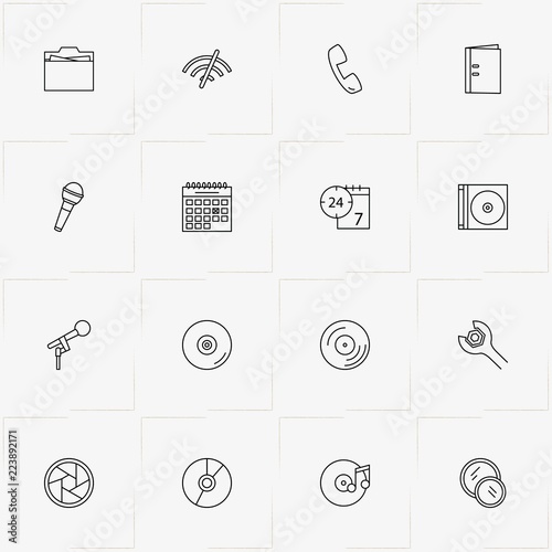 Mobile Interface line icon set with compact disk, photo camera lens and calendar