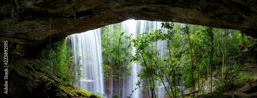 Panoramic beautiful deep forest waterfall in Thailand.