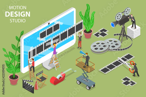 Isometric flat vector concept of motion design studio, video editor app, creating video online.
