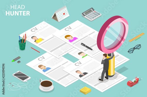 Isometric flat vector concept of headhunting, recruitment, HR manager review, employee search.