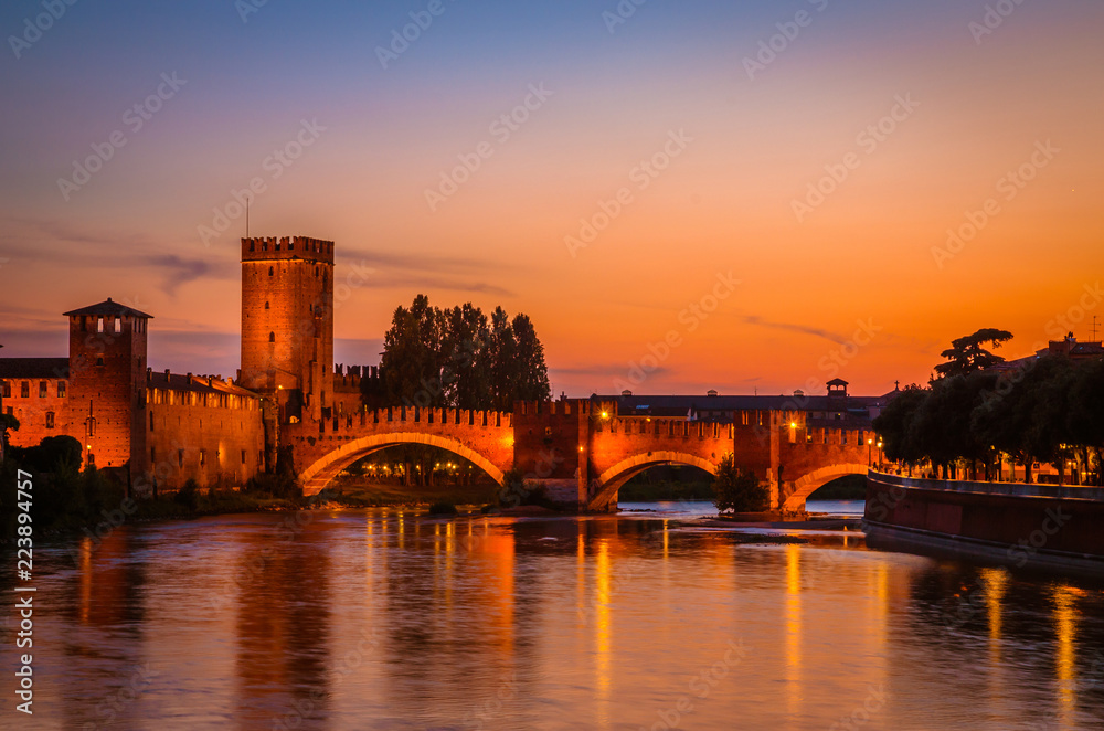 Bridge Ponte Scaligero in the sunset  in Verona, Veneto region, Italy.