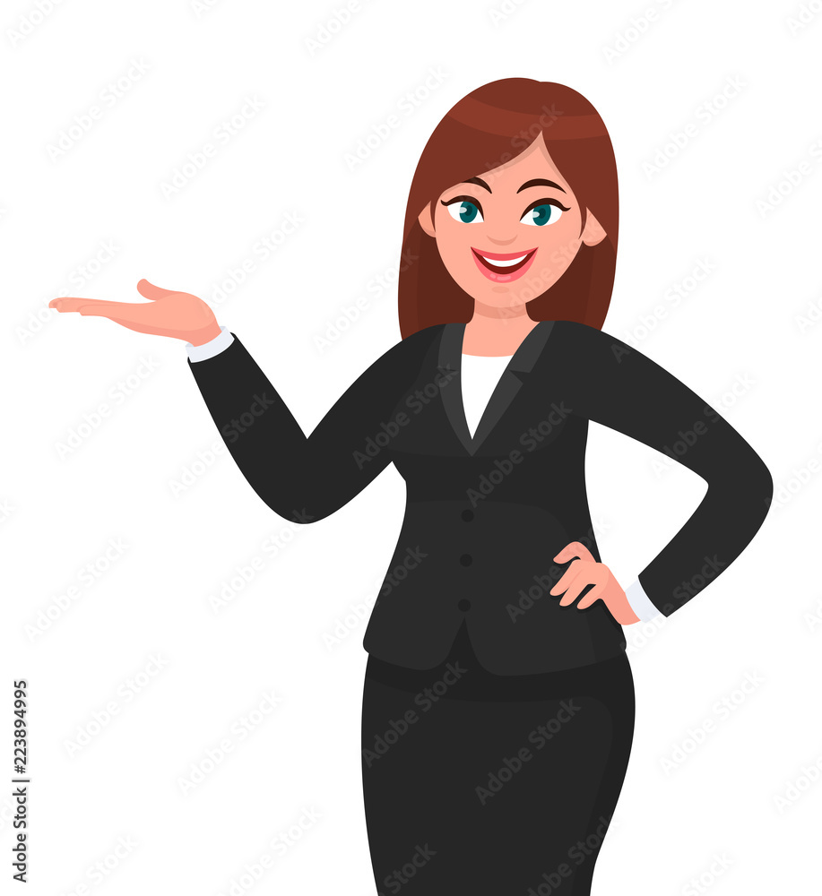 Happy business woman showing hand .to copy space away. Business woman presenting or introducing something. Advertisement or product presenting concept concept illustration in vector cartoon style. Happy business woman showing hand .to copy space away. Business woman presenting or introducing something. Advertisement or product presenting concept concept illustration in vector cartoon style.