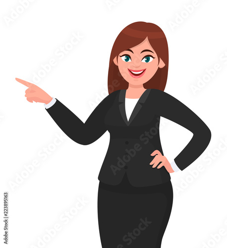 Happy business woman pointing hand .to copy space away. Business woman presenting or introducing something. Advertisement or product presenting concept concept illustration in vector cartoon style.