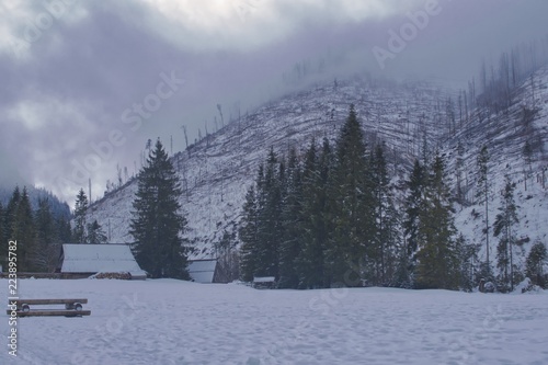 Zima w Tatrach, chata w Dolinie Kościeliskiej, pusta ławka przed chatą z powodu nagłej zmiany pogody w dolinie tatrzańskiej