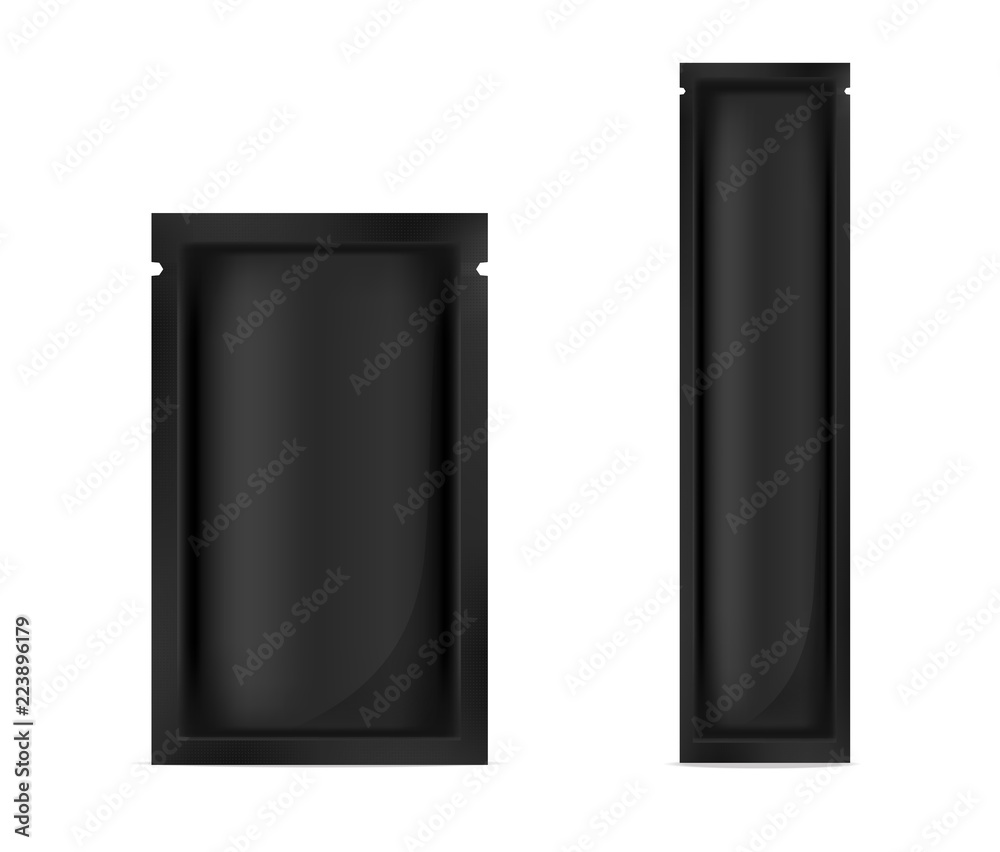 Fototapeta premium Mock up Realistic Black Foil Sachet for food product or skincare sample packaging vector illustration