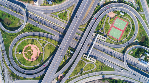 Aerial view highway road network circle or intersection traffic. Can use for import export or transportation concept.