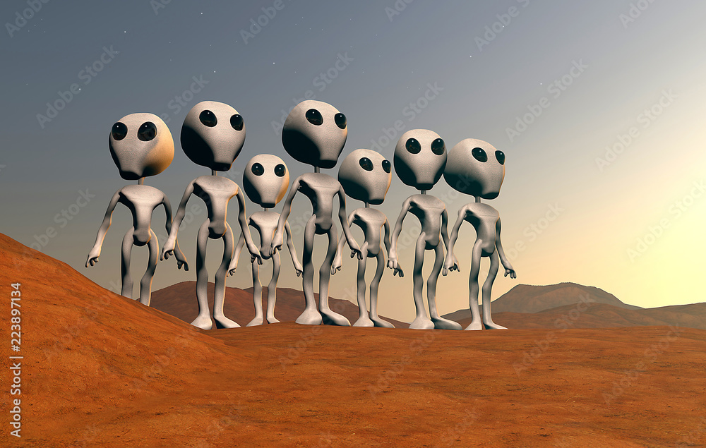 Gruppo di alieni grigi su Marte, 3D rendering Stock Illustration ...