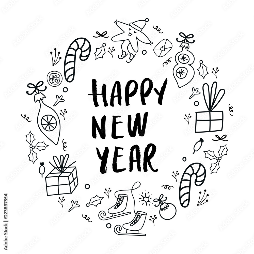 Circle outline concept with different New Year and Christmas decorations  and hand drawn lettering. vector de Stock | Adobe Stock