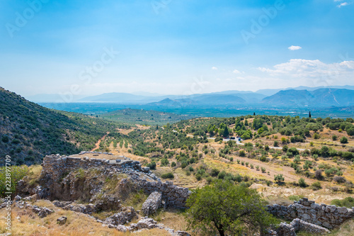 View of the mainland below of the Mycenean palace. Archaeological site of Mycenae in Peloponnese Greece