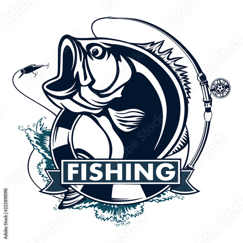 Fishing logo. Bass fish with rod club emblem. Fishing theme vector illustration. Isolated on white.