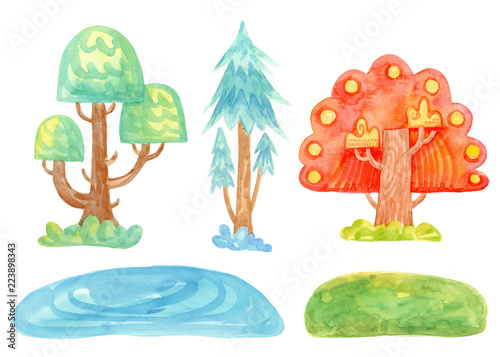 Cartoon watercolor illustration. Lovely fairytale nature. Set of blue spruce  green  red trees  stones isolated on white background