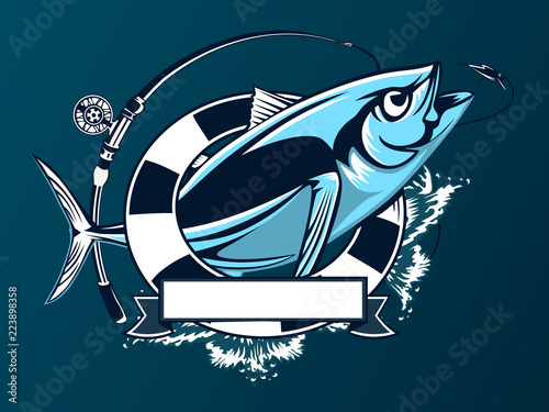 Tuna big fishing on white logo illustration. Vector illustration can be used for creating logo and emblem for fishing clubs, prints, web and other crafts.