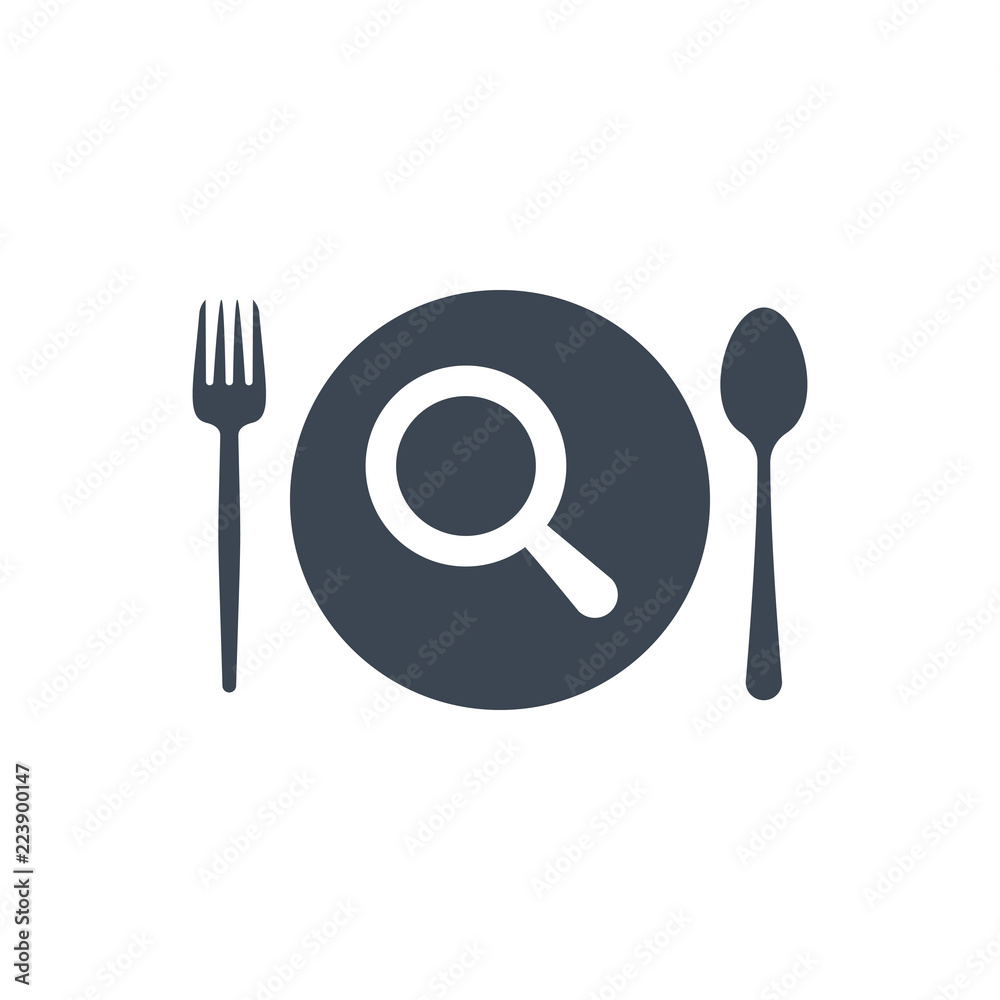 Restaurant icon, fork and spoon, plate icon with research sign. Restaurant icon and explore, find, inspect symbol Restaurant icon, fork and spoon, plate icon with research sign. Restaurant icon and explore, find, inspect symbol