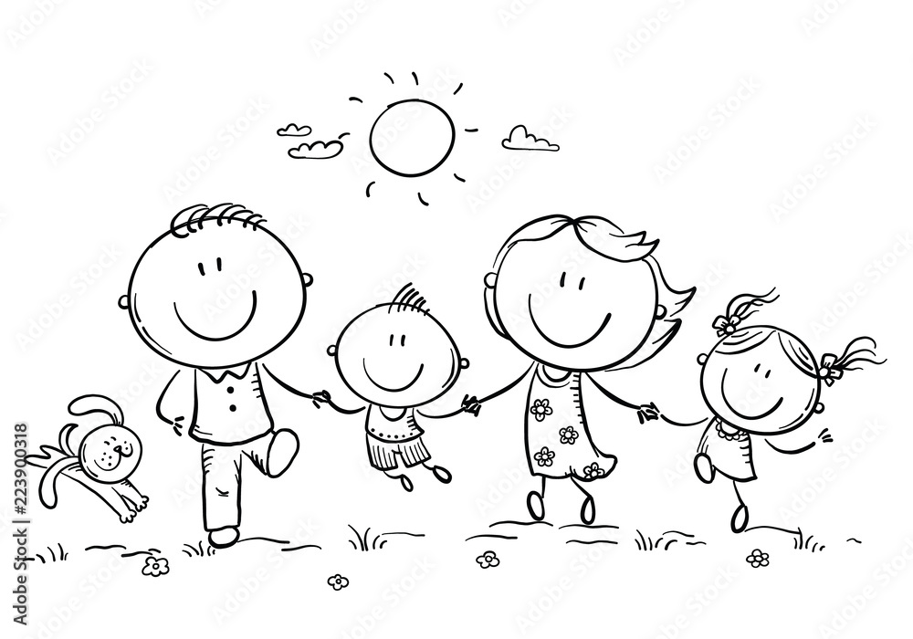 Happy family with two children having fun running outdoors, outline - obrazy, fototapety, plakaty 