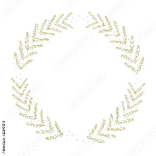 Christmas simple circle wreath with green-yellow branches of fir-tree and blue snowflakes and isolated vector on white background.