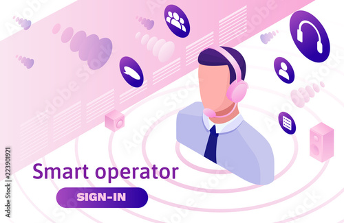 Call center isometric 3d vector illustration, customer service and mobile support landing page, operator with headphone, contact centre concept