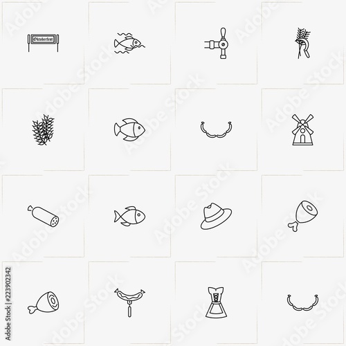Oktoberfest line icon set with sausages, ham  and fish